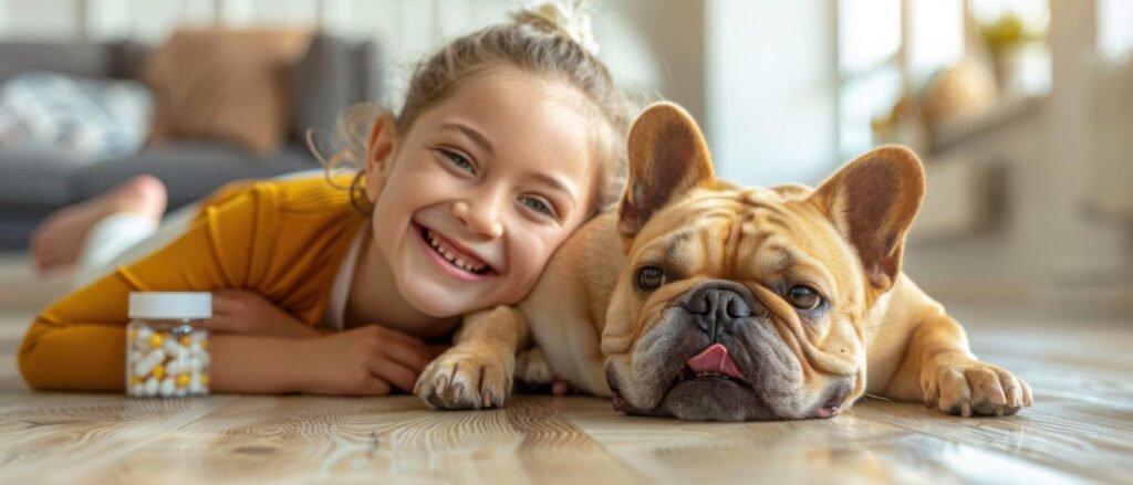 ילדה וכלב משחקים על רצפת פרקט עמידה בבית