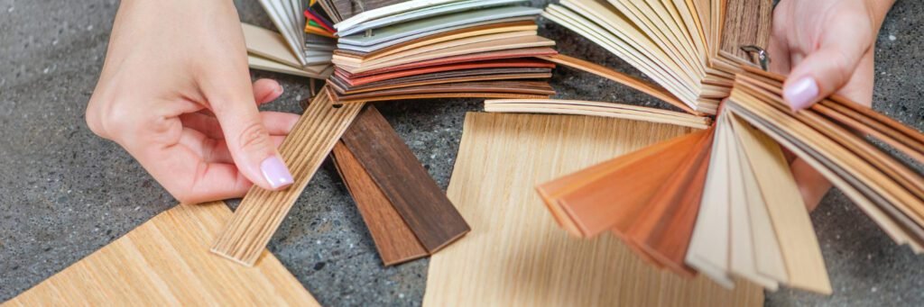 ידיים בוחרות דוגמאות פרקט עץ לפני התקנה